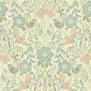 Vintage Flowers jugendtyylinen vaalea lintu ja kukkatapetti 139323