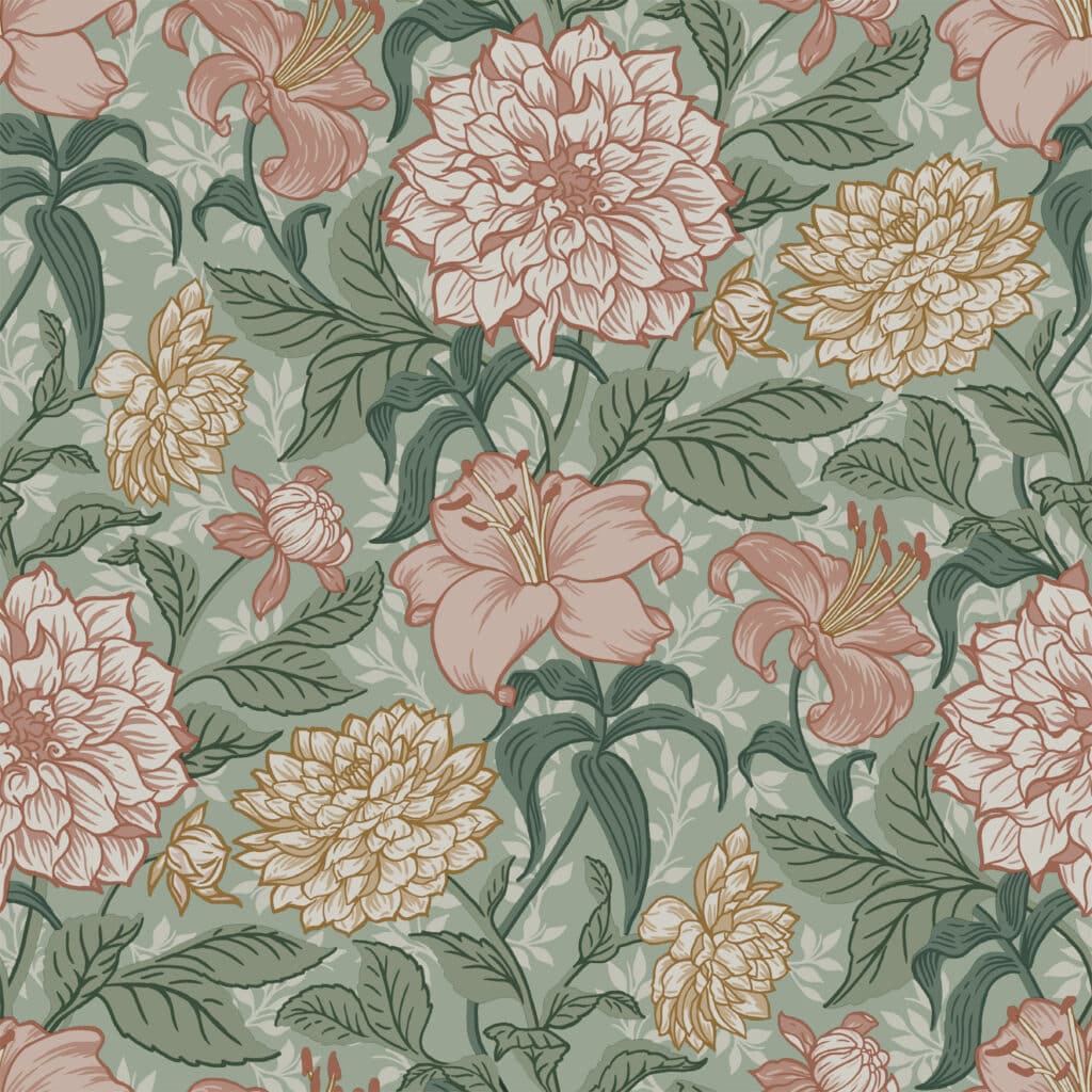 Vintage Flowers vihreä ja roosa kukkatapetti 139378