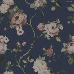 Vintage Flowers tummansininen ruusutapetti 139409