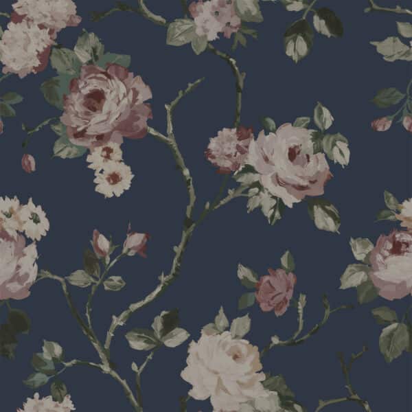 Vintage Flowers tummansininen ruusutapetti 139409