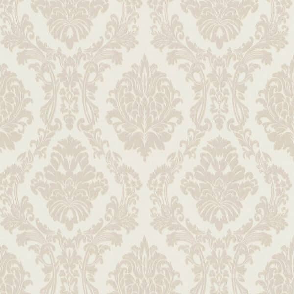 Versailles 10288-02 on klassinen ornamentti tapetti, jossa valkoisella pohjalla beigen sävyinen kuvio