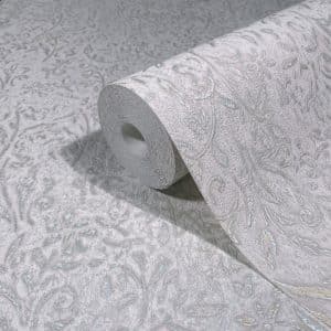 Ritus antique bloom 35529 vaaleanharmaalla pohjalla köynnöskukkakuvioin kohokuvioitu metallinhohtoinen tapetti
