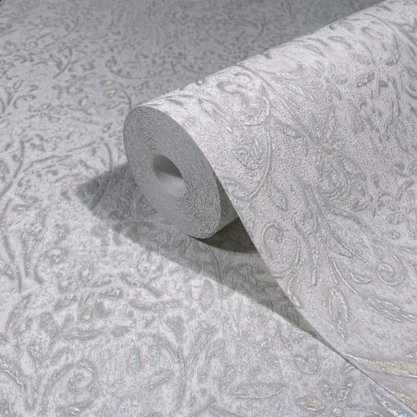 Ritus antique bloom 35529 vaaleanharmaalla pohjalla köynnöskukkakuvioin kohokuvioitu metallinhohtoinen tapetti