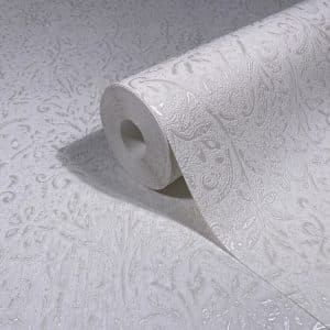 Ritus antique bloom 35530 valkoisella pohjalla köynnöskukkakuvioin kohokuvioitu metallinhohtoinen tapetti