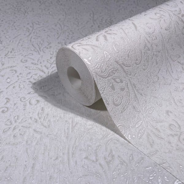 Ritus antique bloom 35530 valkoisella pohjalla köynnöskukkakuvioin kohokuvioitu metallinhohtoinen tapetti