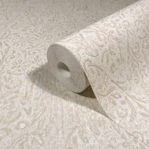 Ritus antique bloom 35531 beigellä pohjalla köynnöskukkakuvioin kohokuvioitu metallinhohtoinen tapetti