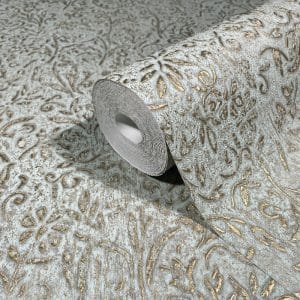 Ritus antique bloom 35532 siniharmaalla pohjalla köynnöskukkakuvioin kohokuvioitu metallinhohtoinen tapetti