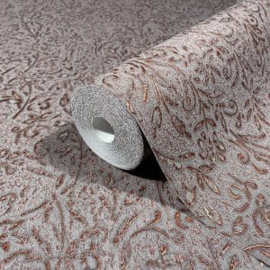 Ritus antique bloom 35534 liilanharmaalla pohjalla köynnöskukkakuvioin kohokuvioitu metallinhohtoinen tapetti
