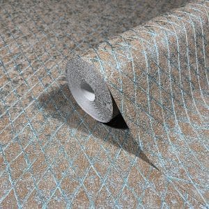 Ritus mesh 35539 kuparinruskealla pohjalla petroolin sävyinen verkkokuvioitu metallinhohtoinen tapetti