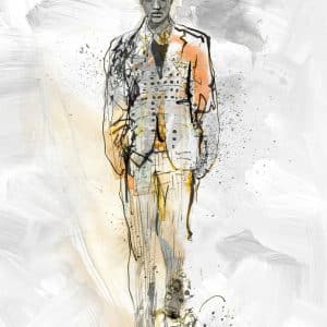 Papis Loveday Fashion Icon Adrien 35899 harmaan ja keltaisen sävyinen taiteellinen mieshahmoa kuvastava kuvatapetti