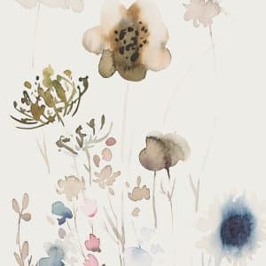 Crush Motion Bloomy garden 63495 yksipaneelinen lämmin vaaleanharmaan sävyinen valokuvatapetti, jossa maalattuja eri sävyisiä kukkakuvioita