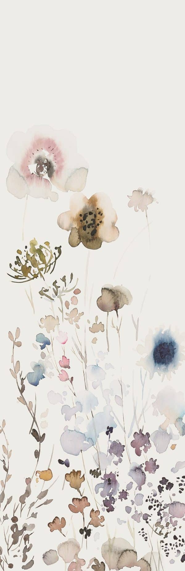 Crush Motion Bloomy garden 63495 yksipaneelinen lämmin vaaleanharmaan sävyinen valokuvatapetti, jossa maalattuja eri sävyisiä kukkakuvioita
